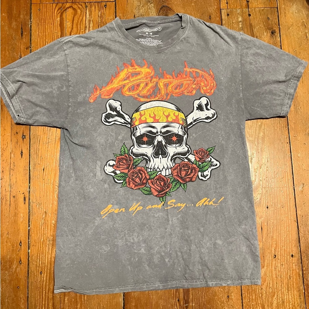 Poison Open up and say Ahh 1988 Tour Graphic Skull T-Shirt - Charcoal
